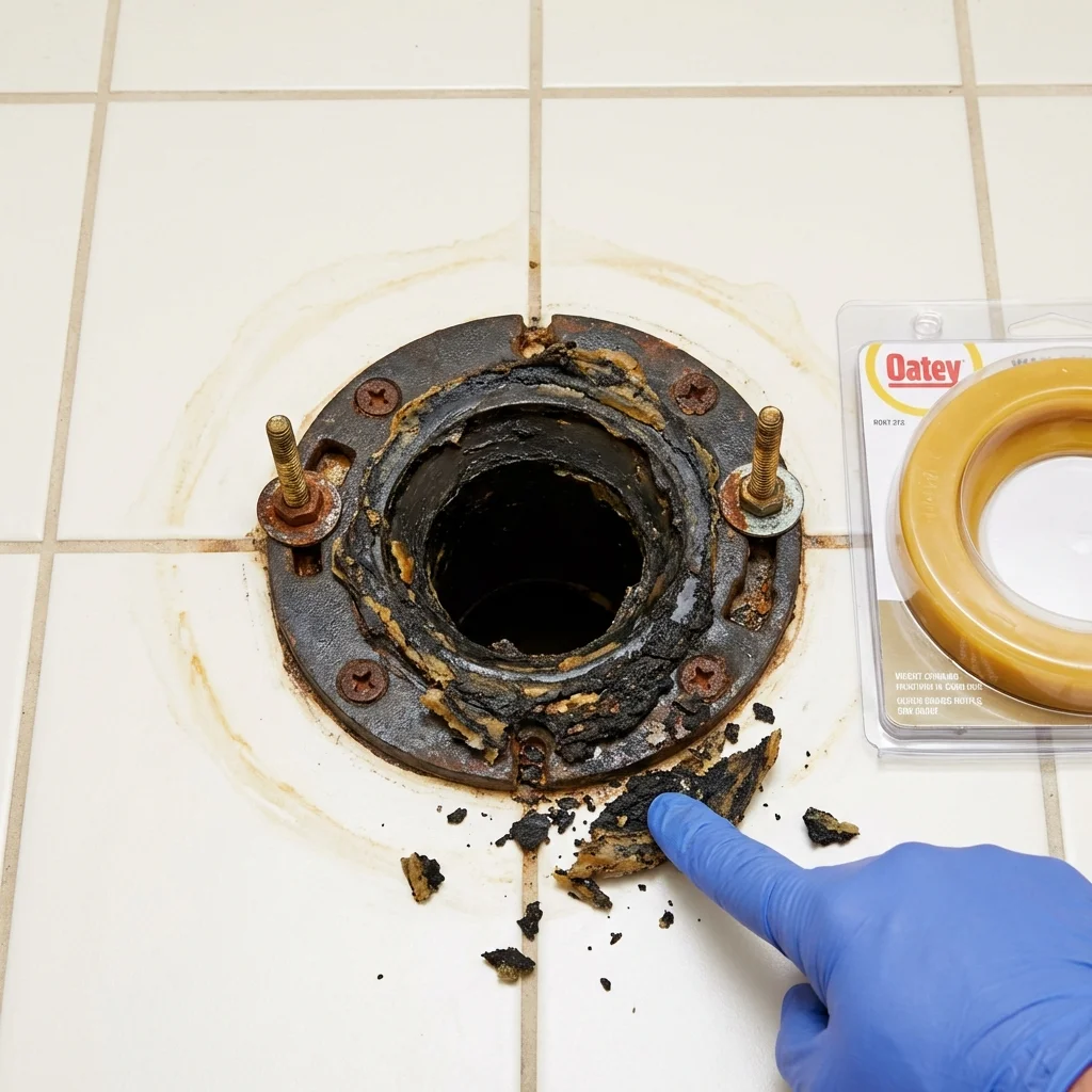 Failed wax ring showing water seepage at the base of a toilet in a Charleston, SC home
