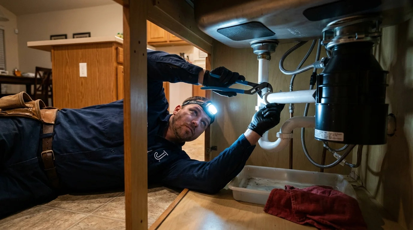 P-trap and supply line connections under a kitchen sink showing a common leak point in Charleston, SC